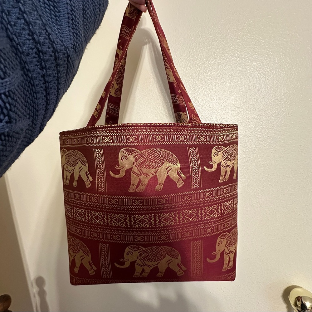 Elephant Print Tote Bag - Red and Gold